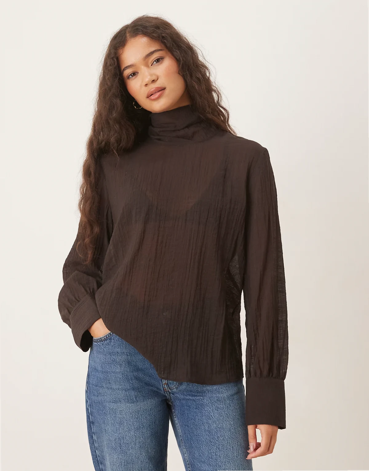 semi sheer high neck tie detail blouse in brown