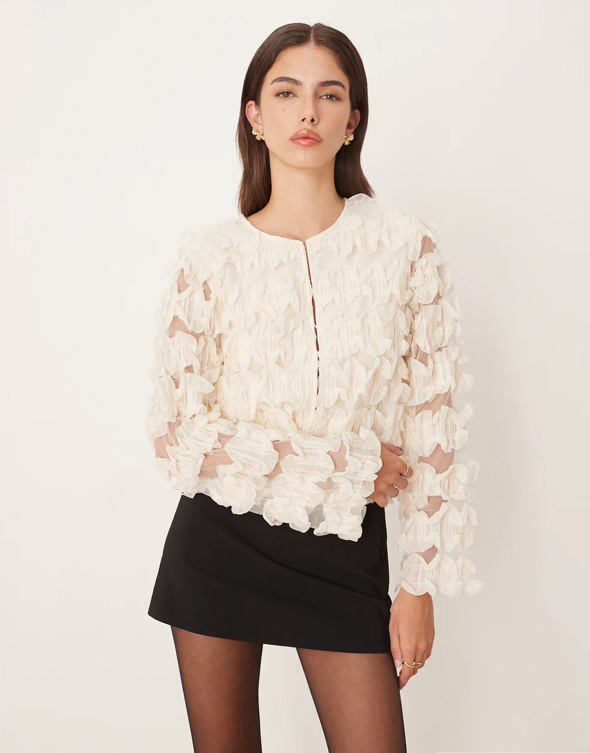 ruffle textured long sleeve top in cream