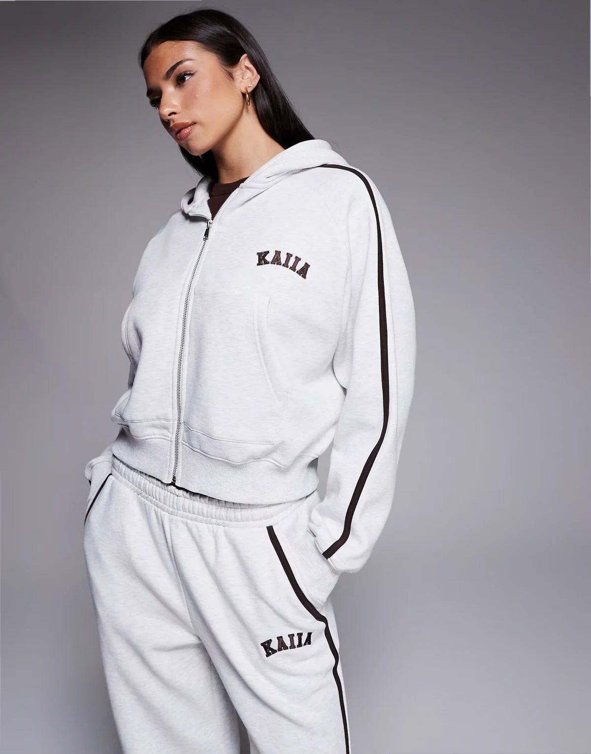 cotton rich embroidered logo side stripe zip up hoodie in light gray - part of a set