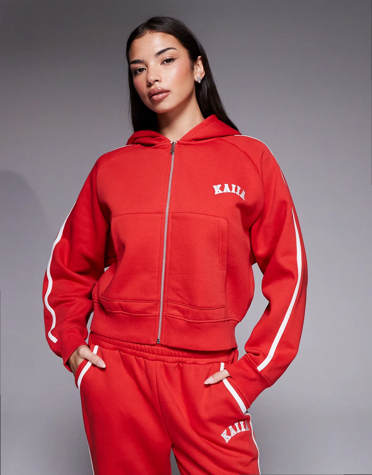 cotton rich embroidered logo side stripe zip up hoodie in red - part of a set
