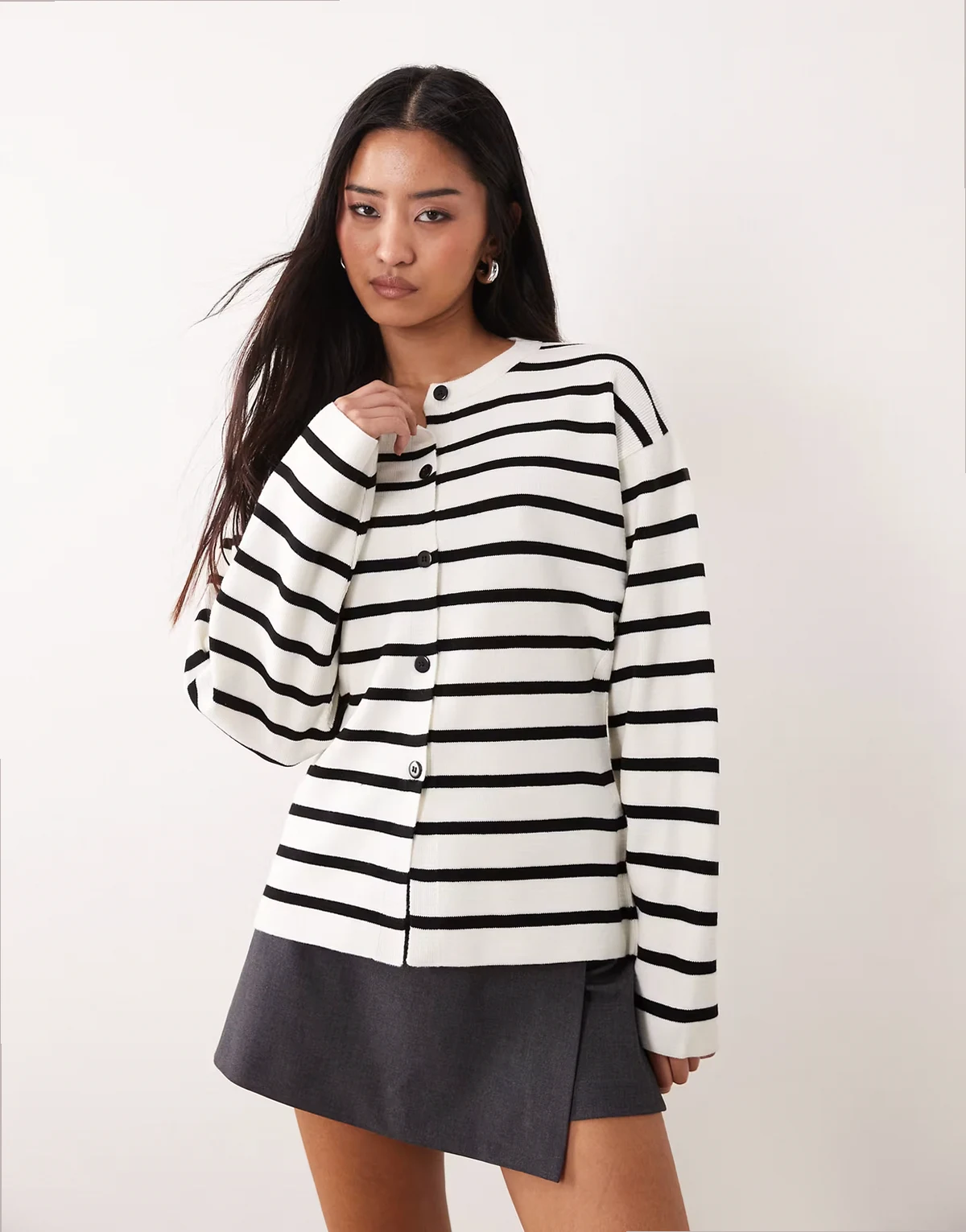 knit structured crew neck cardigan in mono stripe