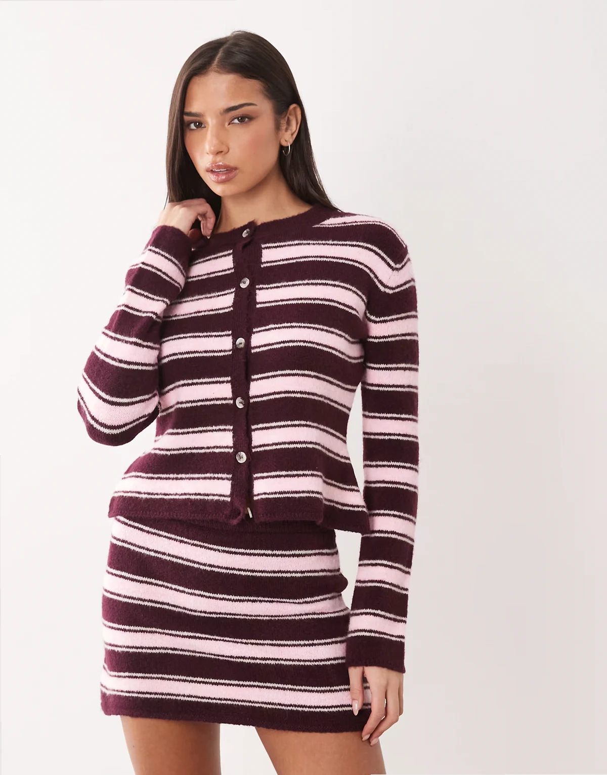 knit cardigan in pink and brown stripe - part of a set