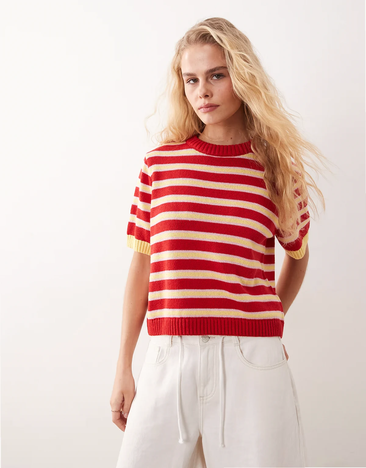 knit cotton rich half sleeve sweater in red stripe
