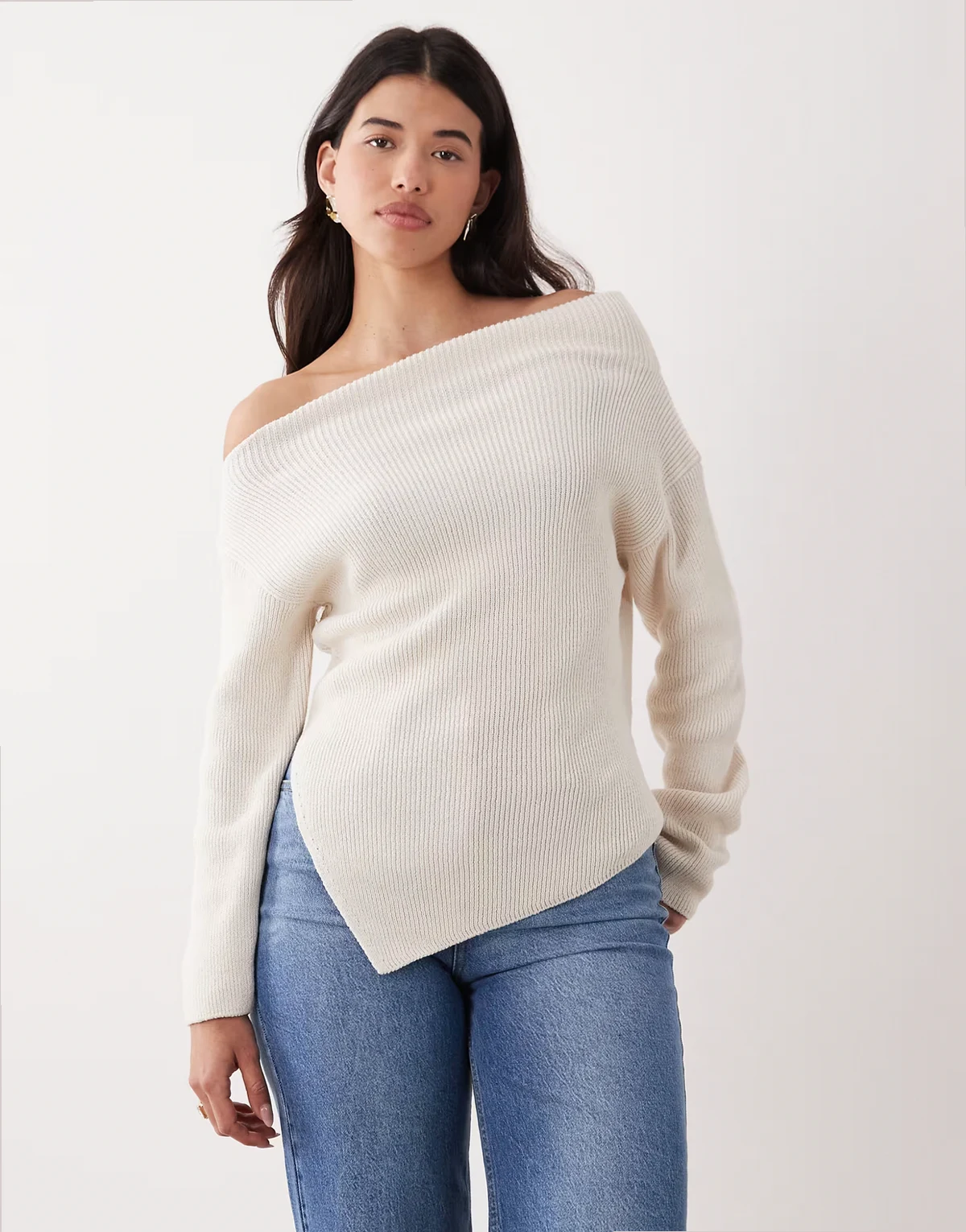 knit off the shoulder top in cream