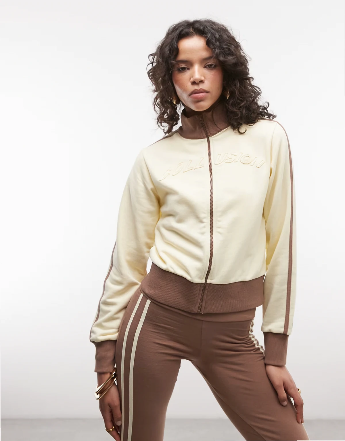 long sleeve funnel neck applique zip up track top in yellow - part of a set