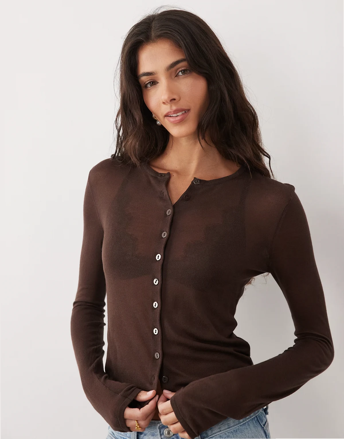 sheer second skin cardigan in chocolate