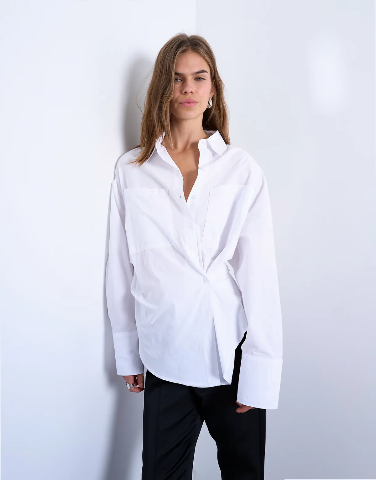 asymmetric placket waisted long sleeve cinched shirt in white