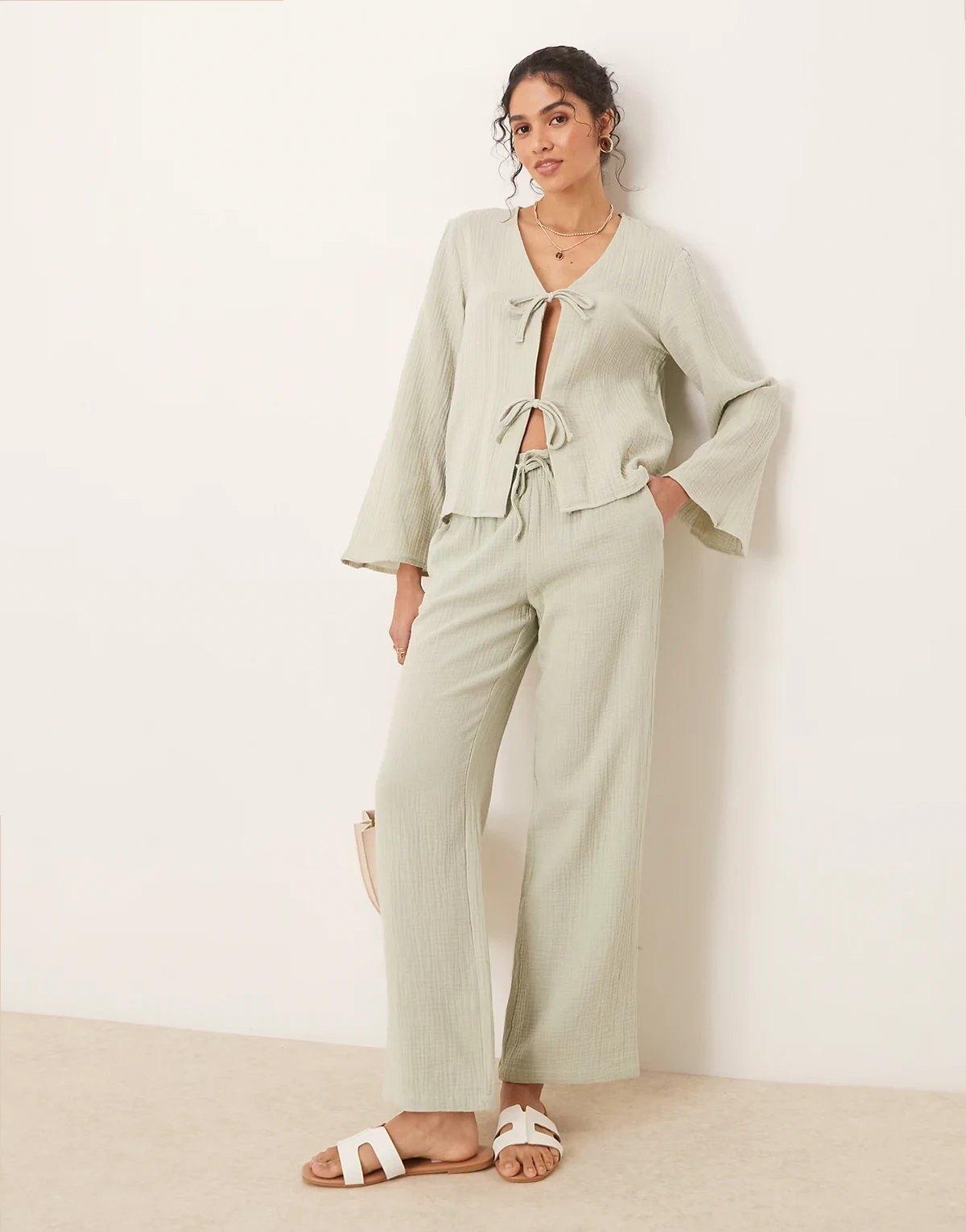 tie front cheesecloth shirt in sage - part of a set