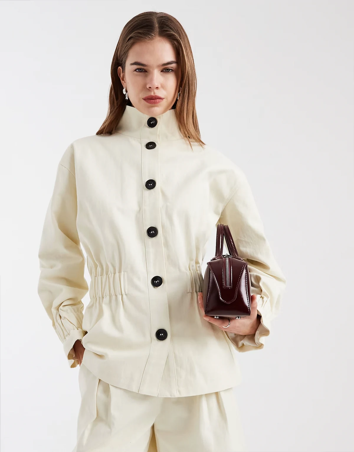 cotton funnel neck button up shirred waist detailing jacket in cream - part of a set