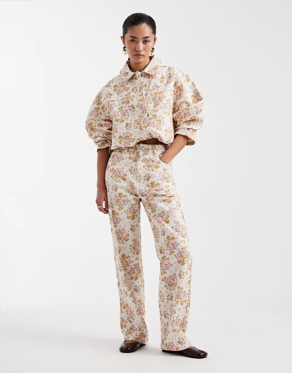 all over floral denim straight leg jeans - part of a set