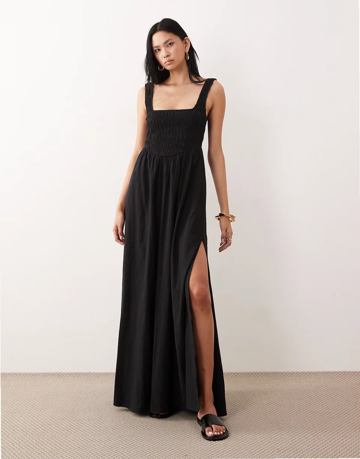 ASOS DESIGN Tall – Selina – Czarna plażowa sukienka maxi z marszczeniem
