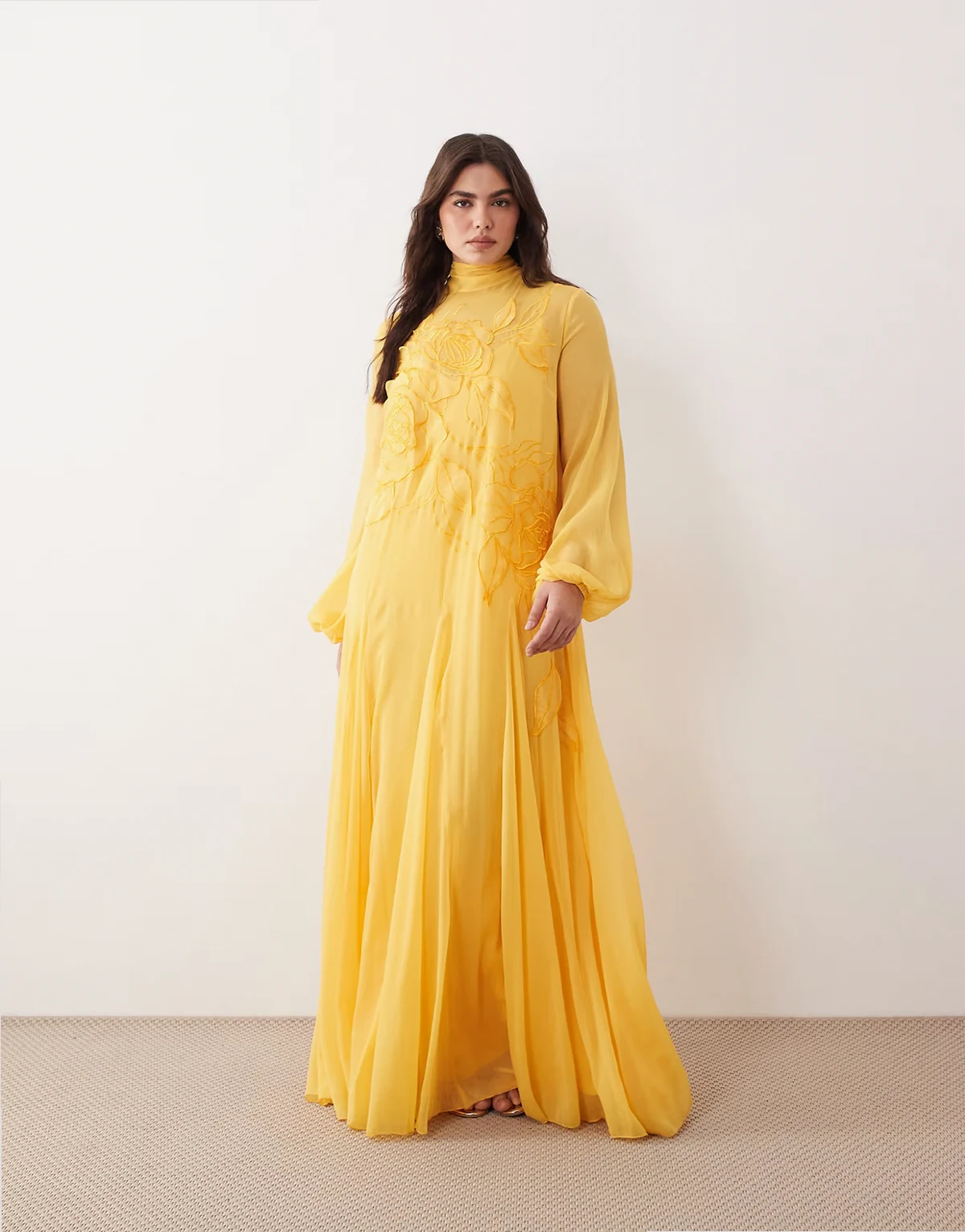 Curve applique floral tie neck blouson sleeve trapeze maxi dress in marigold