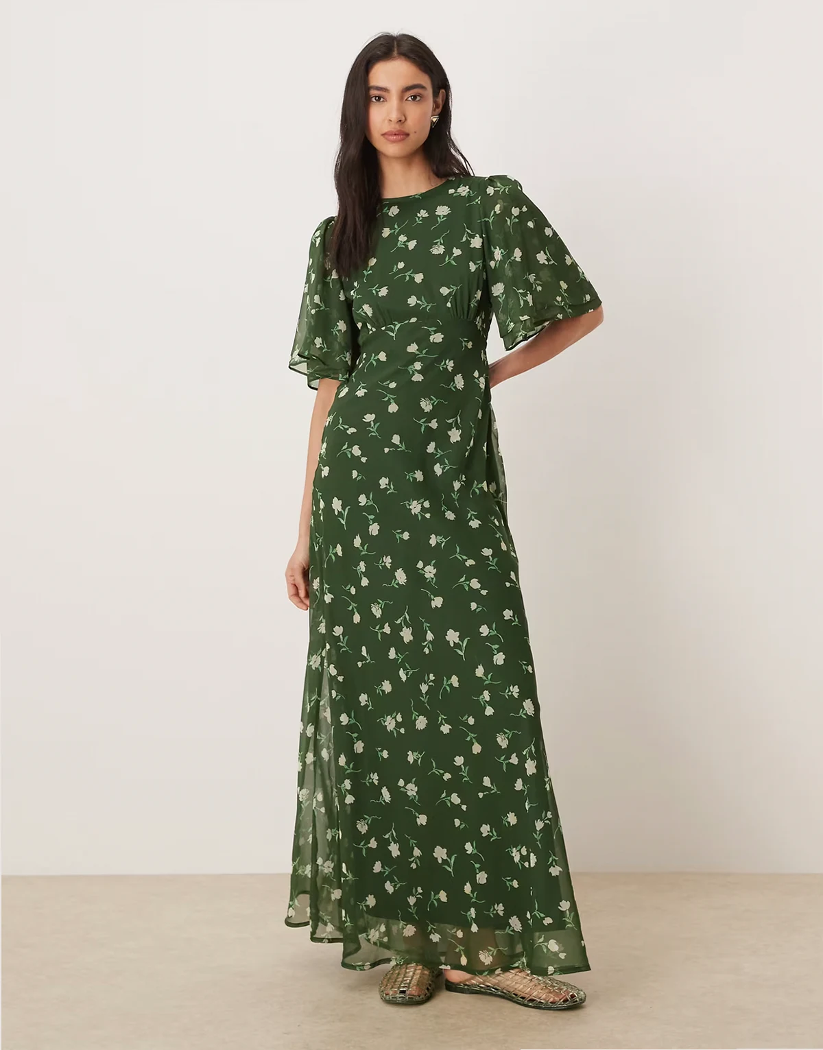 flutter sleeve floaty maxi dress in green floral print