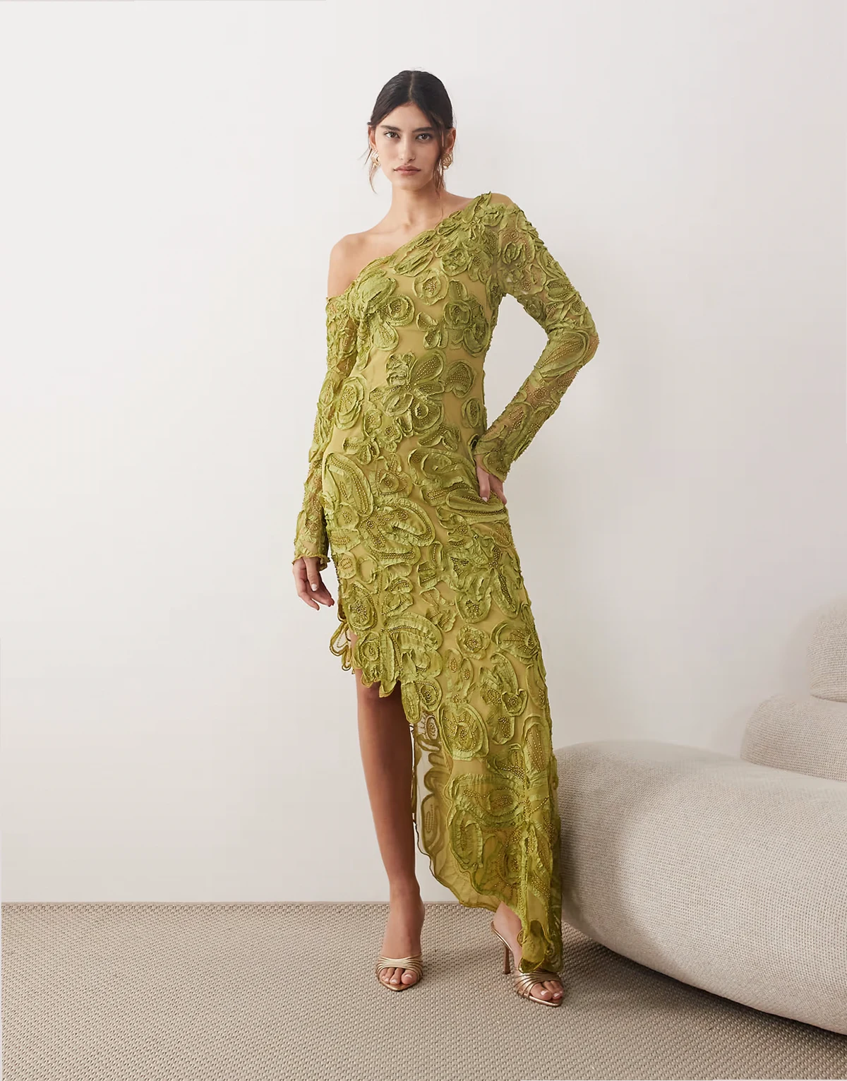 floral embroidered and embellished off the shoulder maxi dress in green