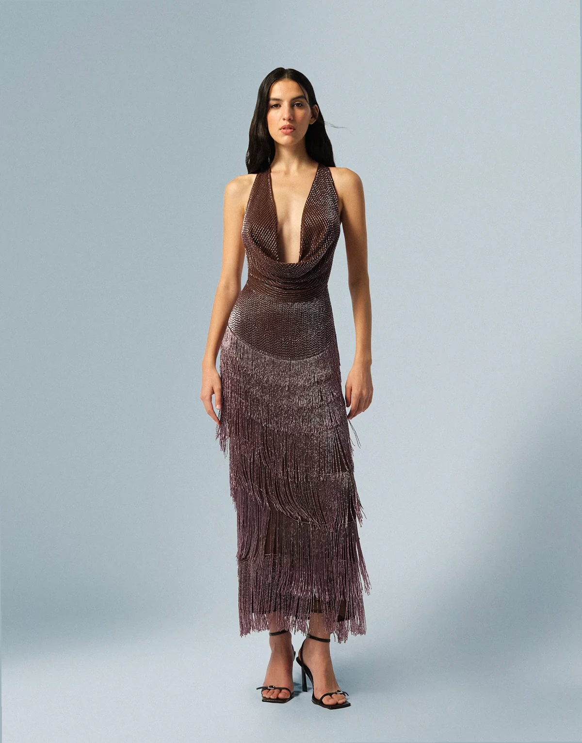 beaded fringe plunge cowl maxi dress in chocolate