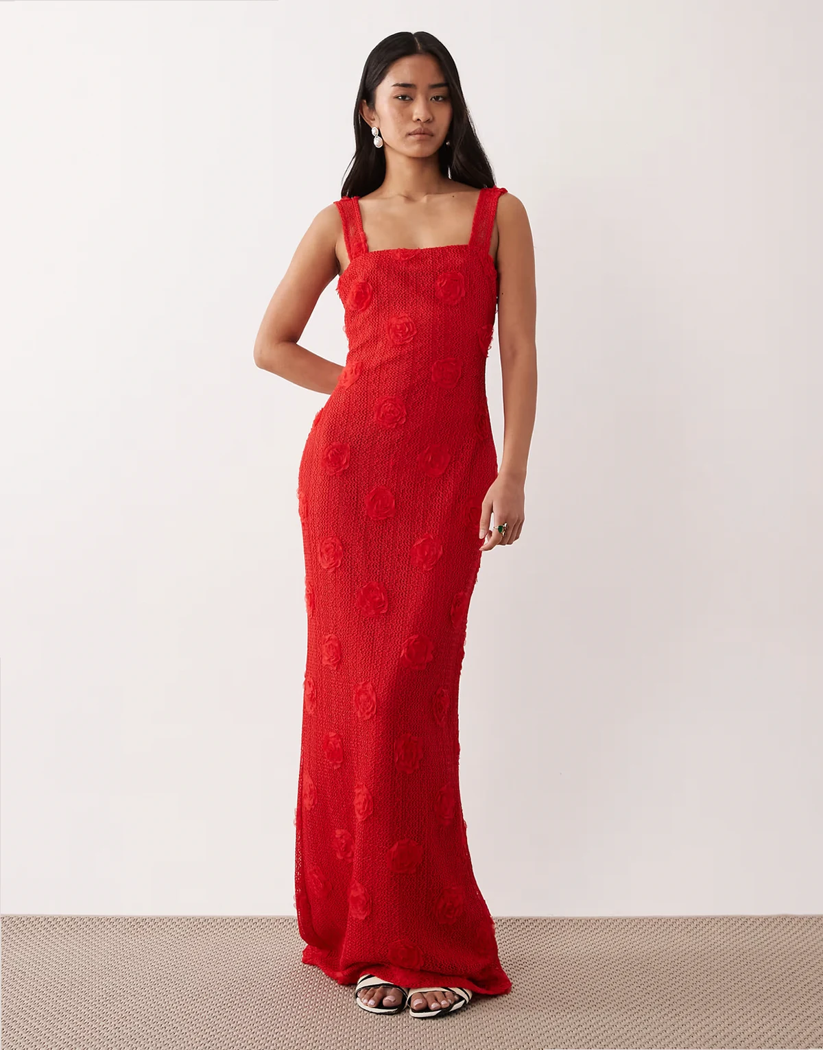 floral appliqué square neck maxi dress in red