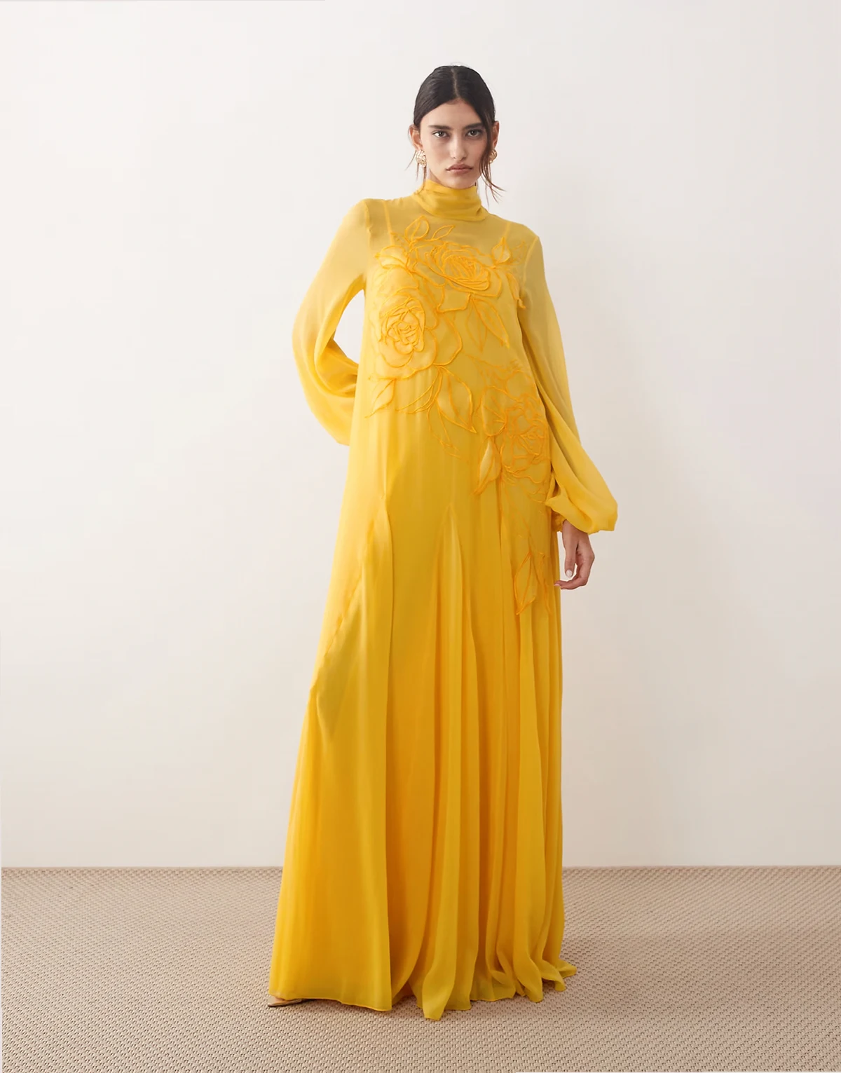 appliqué floral tie neck blouson sleeve trapeze maxi dress in marigold