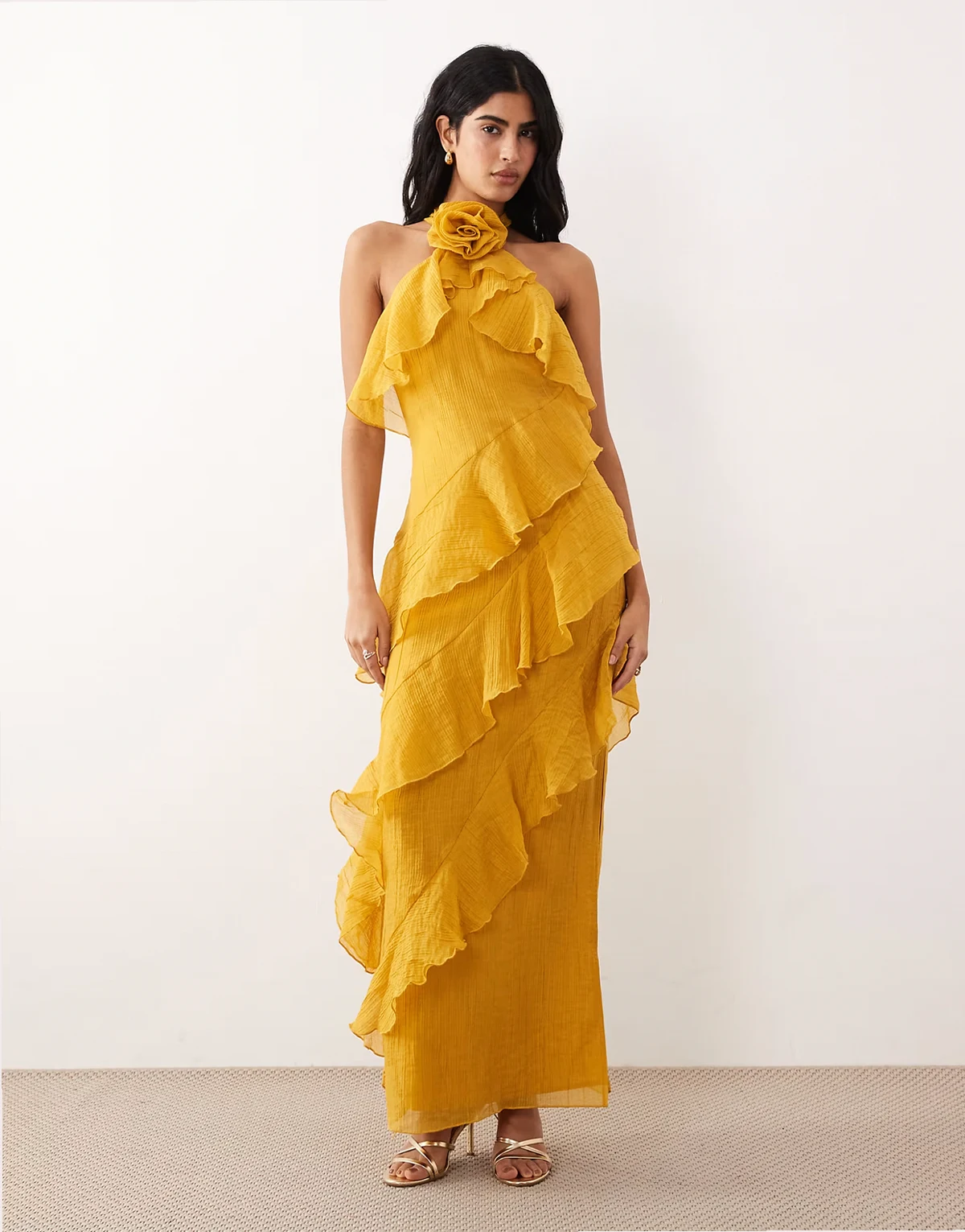 corsage halterneck asymmetric tiered ruffled maxi dress in yellow ocher