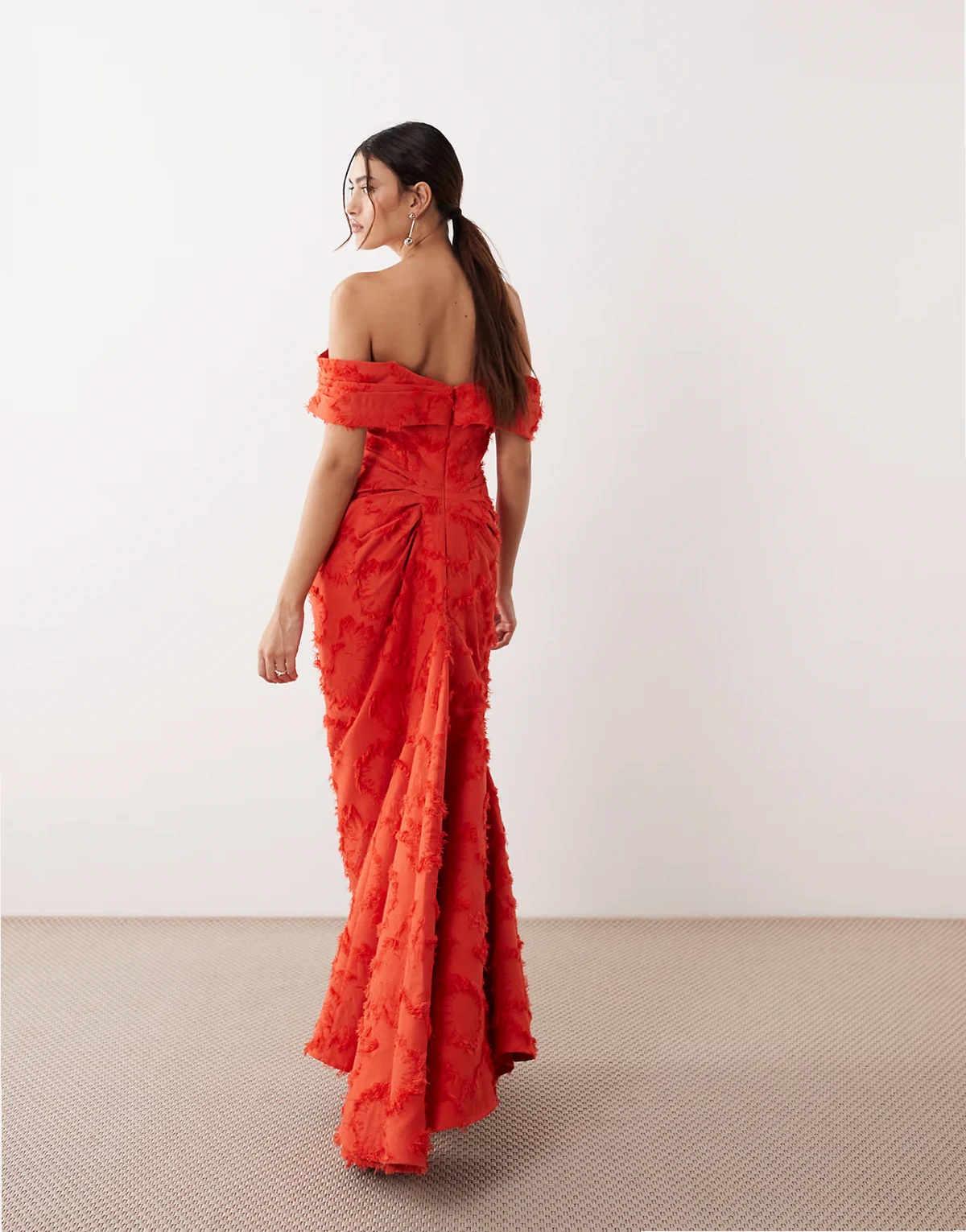 textured bardot maxi dress in red