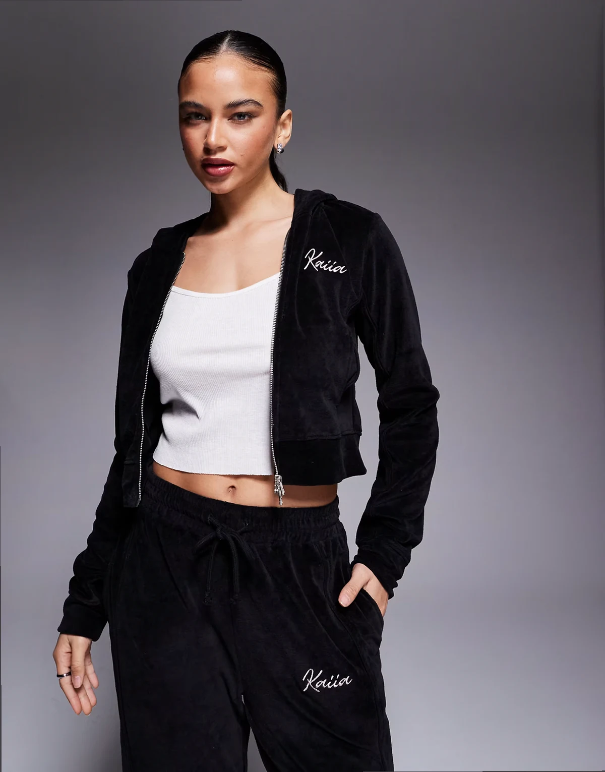 embroidered logo velour cropped zip up hoodie in black and baby pink - part of a set