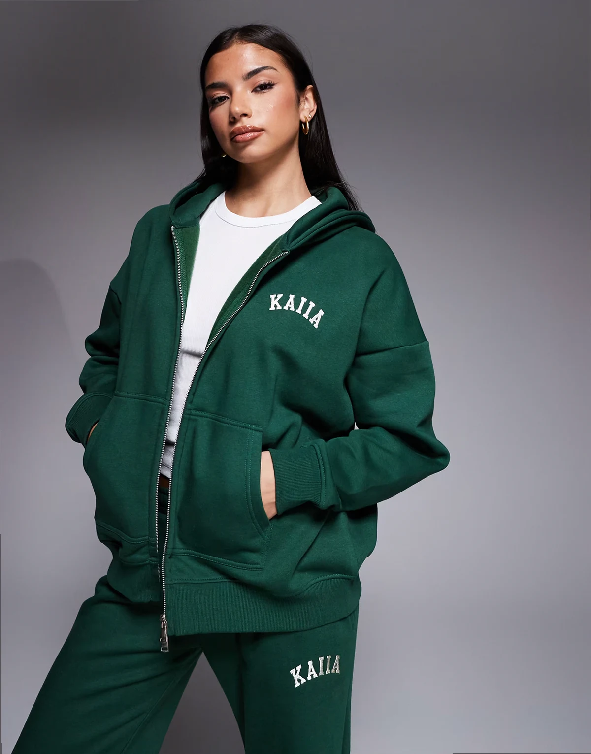cotton rich embroidered logo zip up hoodie in forest green - part of a set