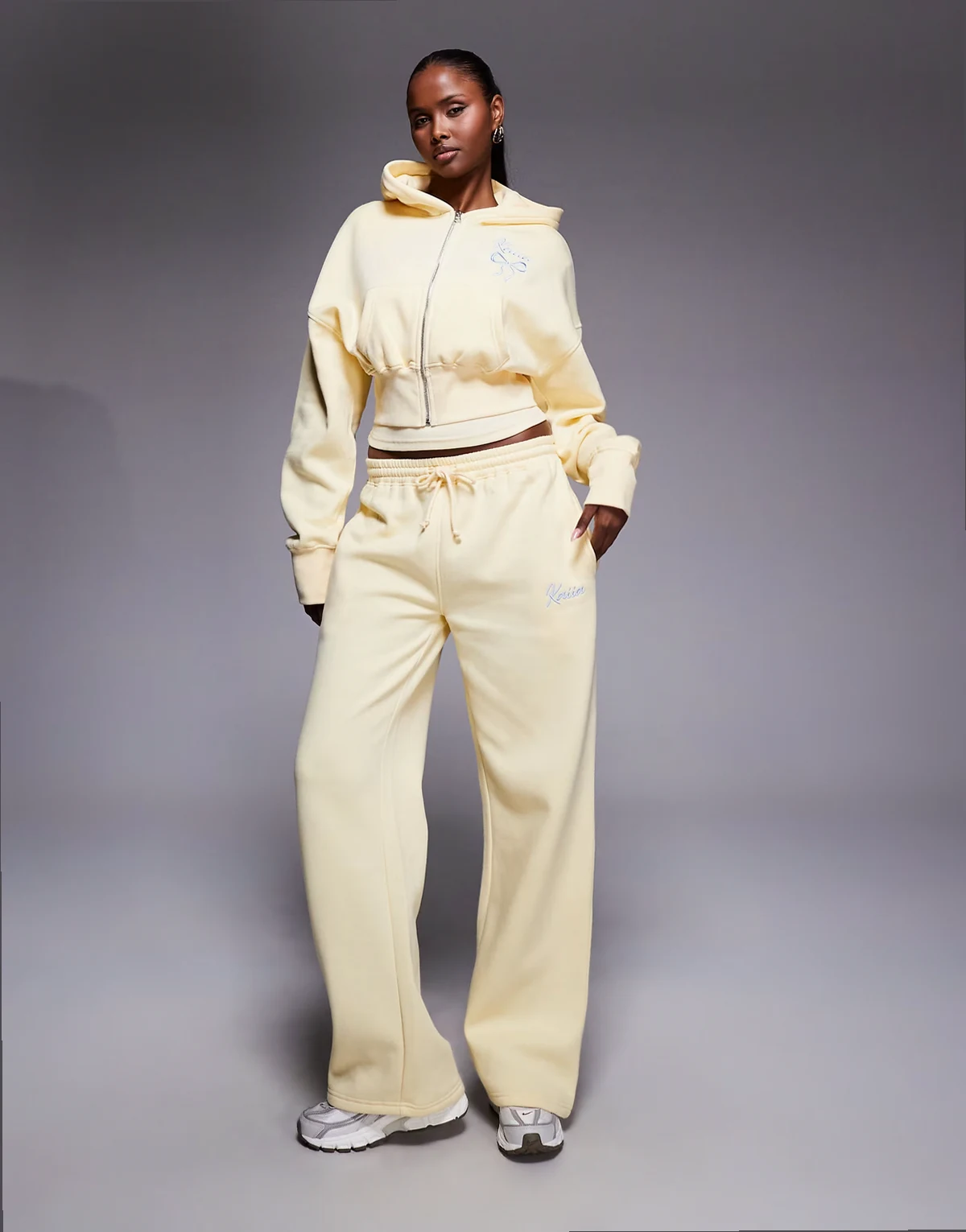 cotton rich embroidered bow logo cropped zip up hoodie in lemon and blue - part of a set