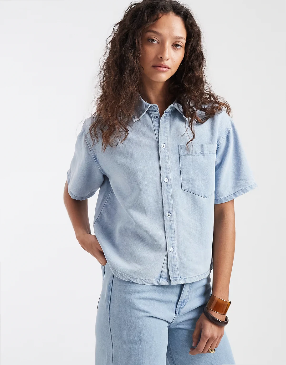 short sleeve denim shirt in light blue wash - part of a set