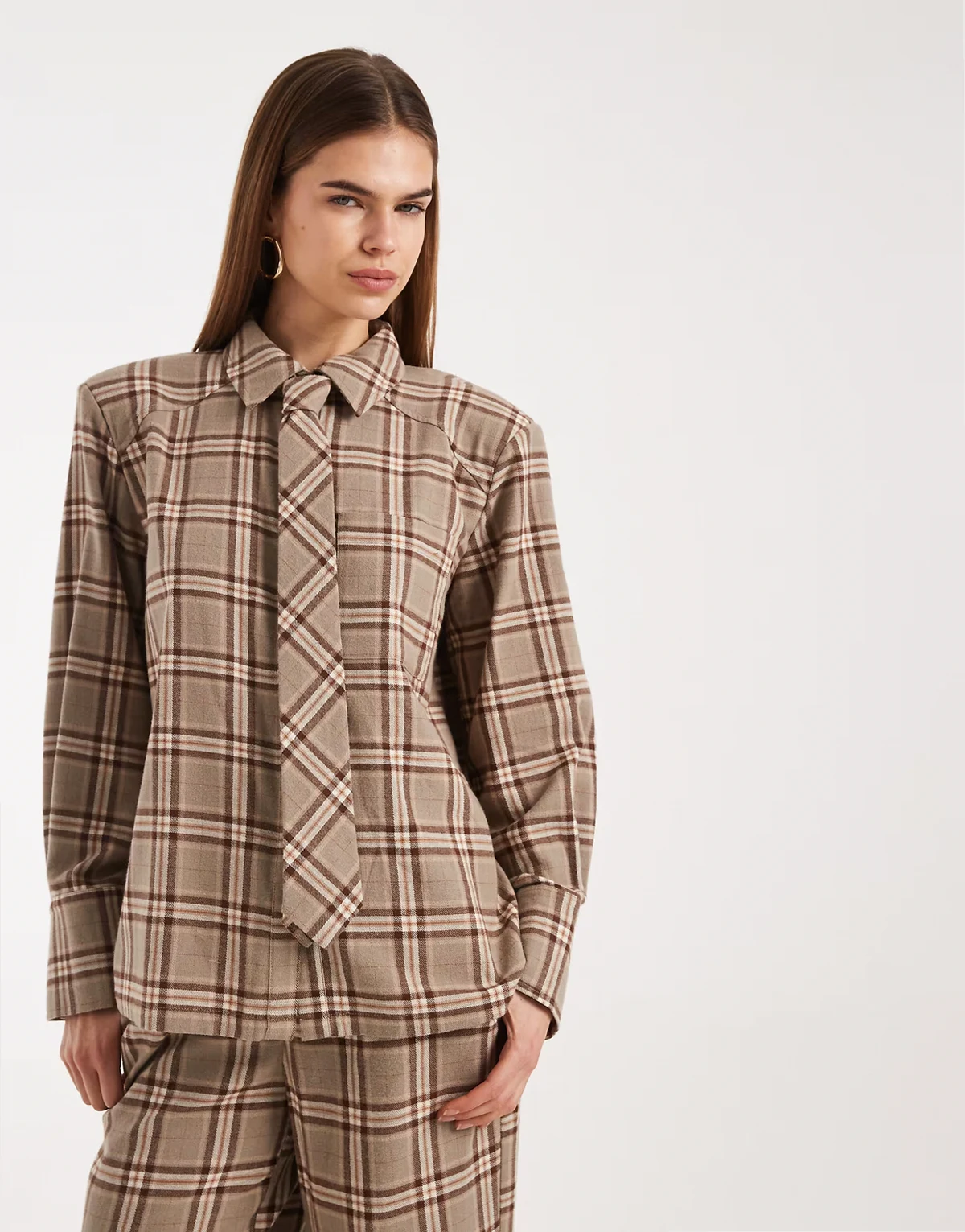 brushed cotton shoulder pads tie detail shirt in beige plaid - part of a set