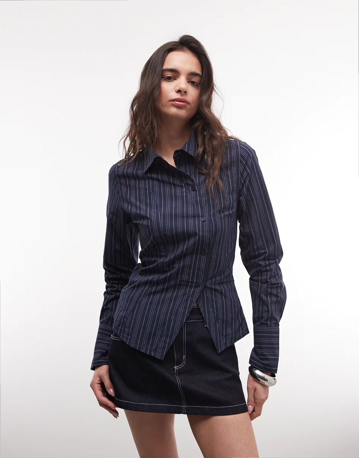 asymmetric shirt with slit detail in dark blue stripe