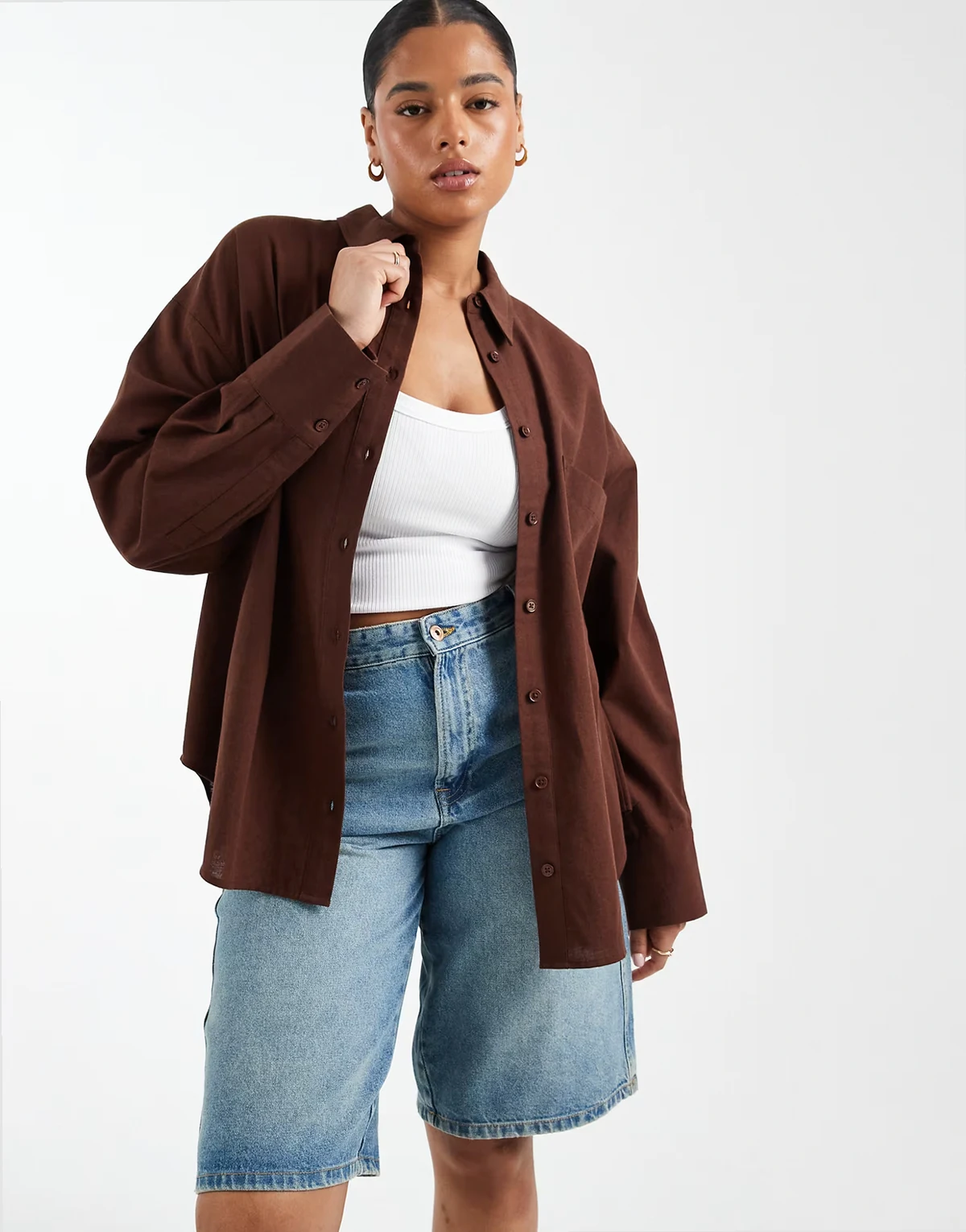 ASOS DESIGN – Brązowa koszula oversize o pudełkowym kroju z domieszką lnu
