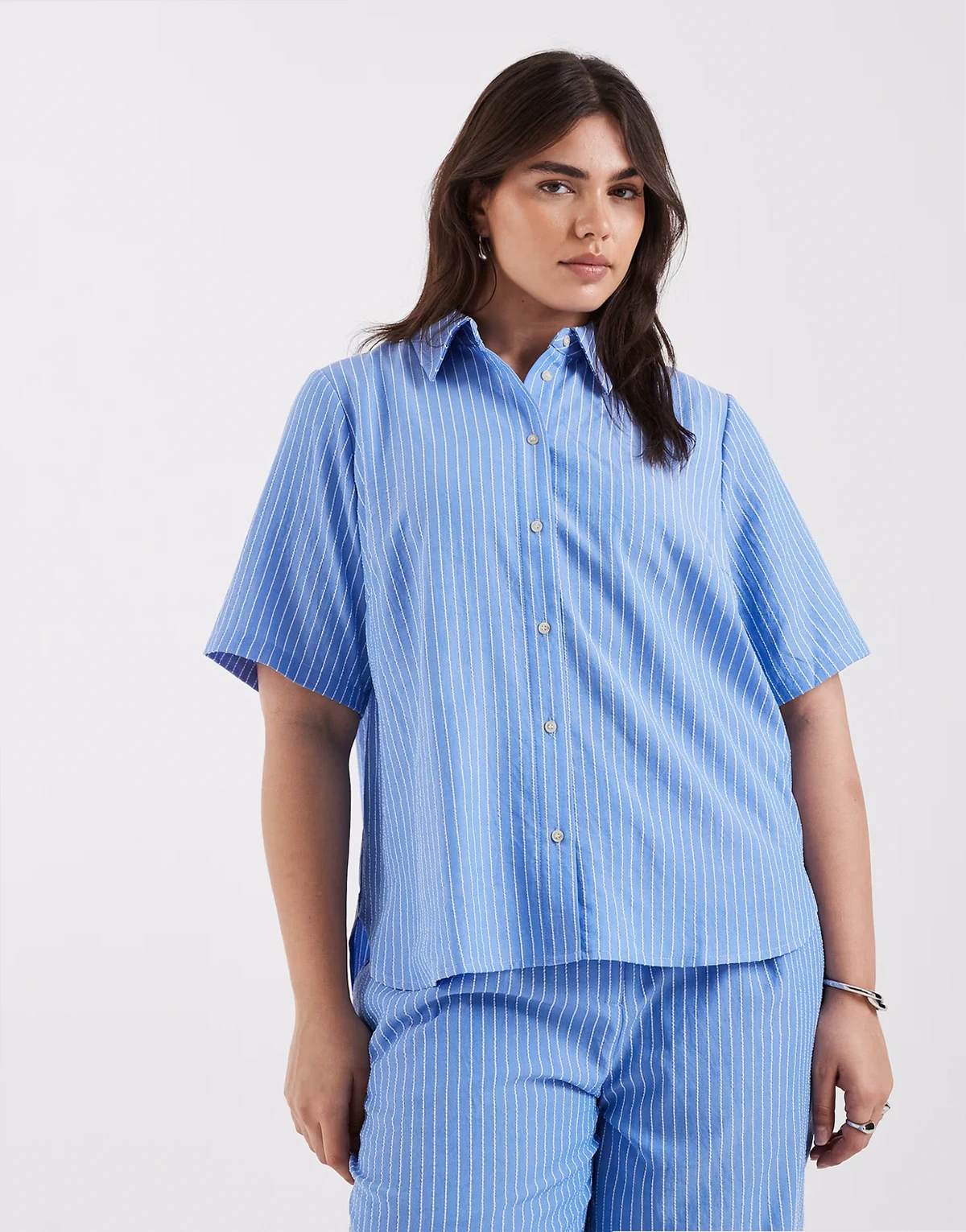 short sleeve shirt in blue pinstripes - part of a set