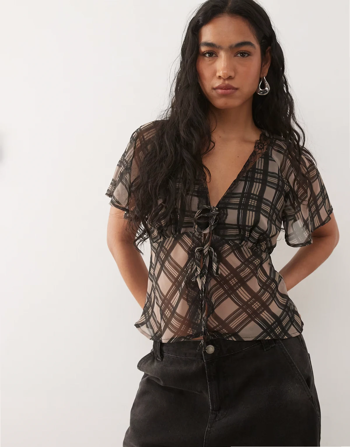 tie front tea top with lace trim in plaid print
