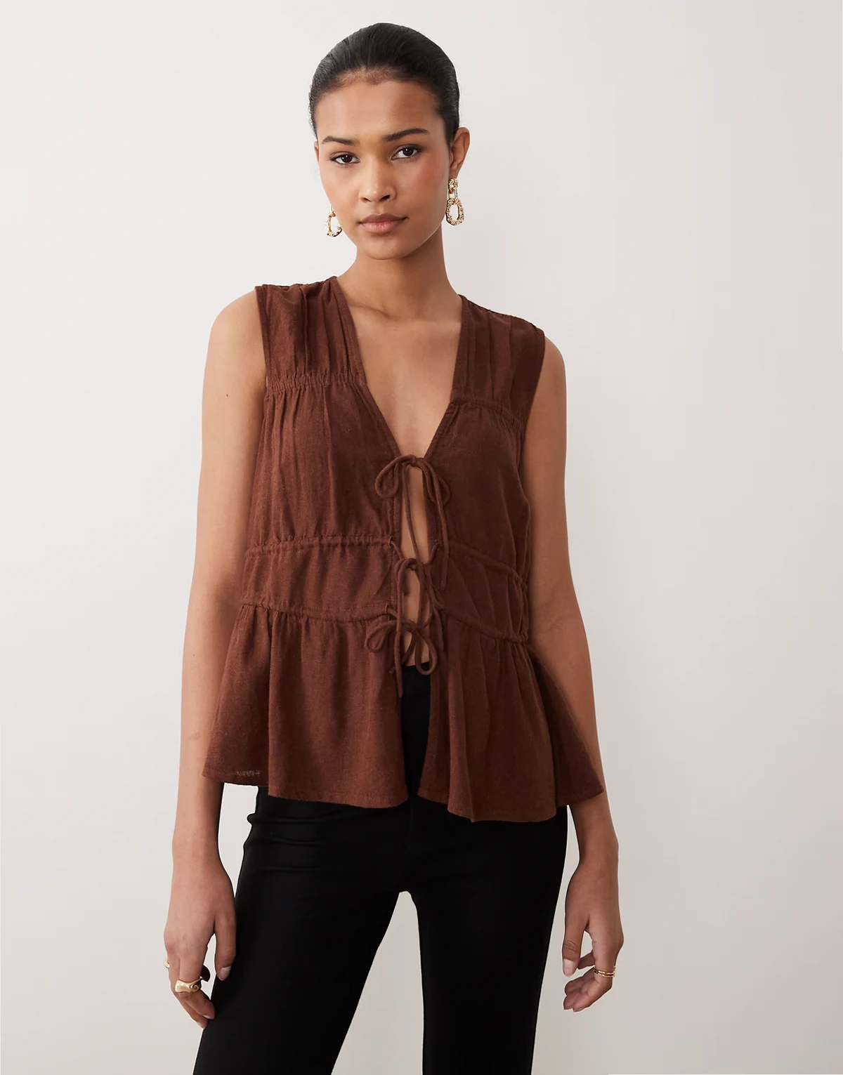 linen blend ruched tie front top in chocolate - part of a set