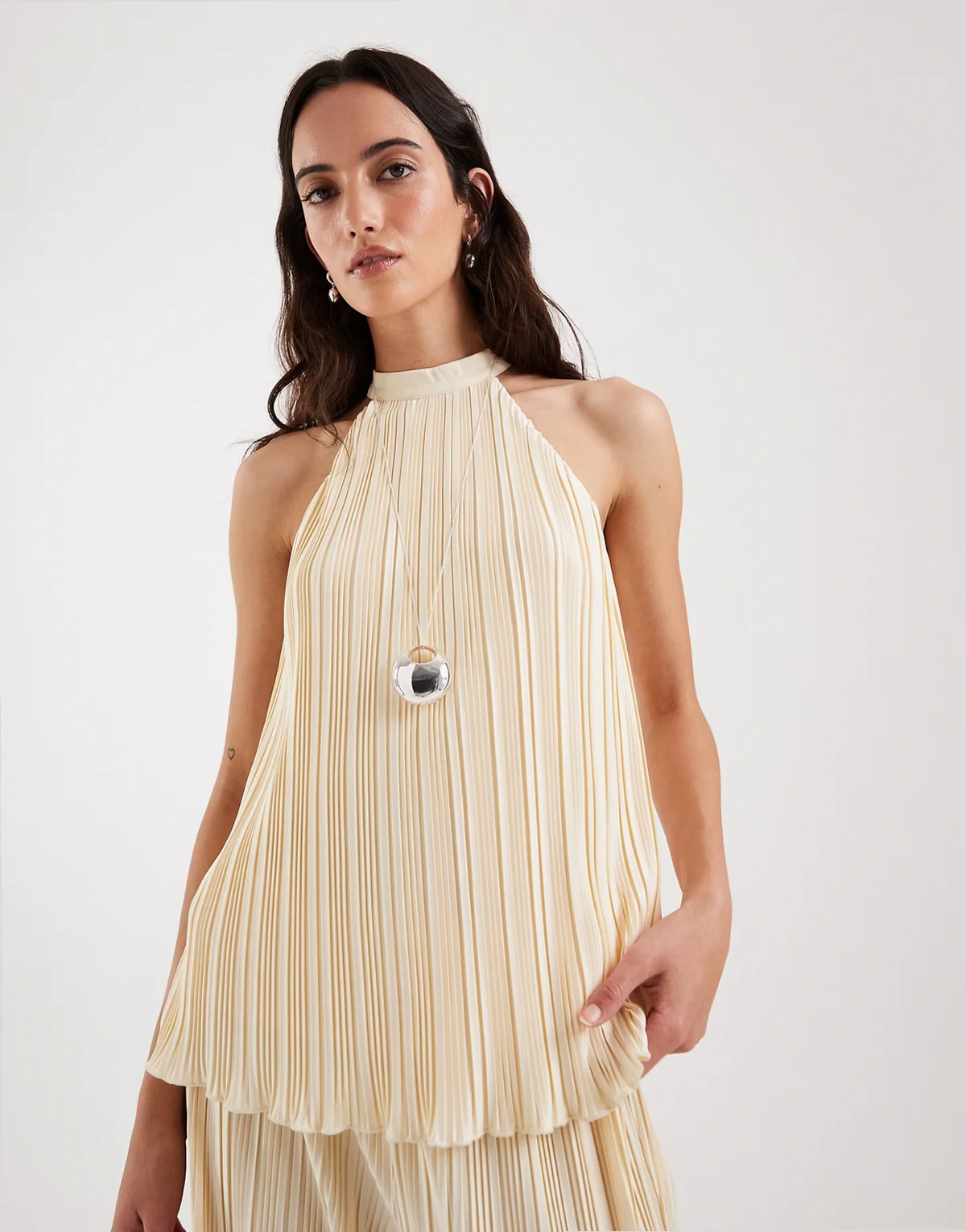 plisse halterneck sleeveless top in lemon - part of a set