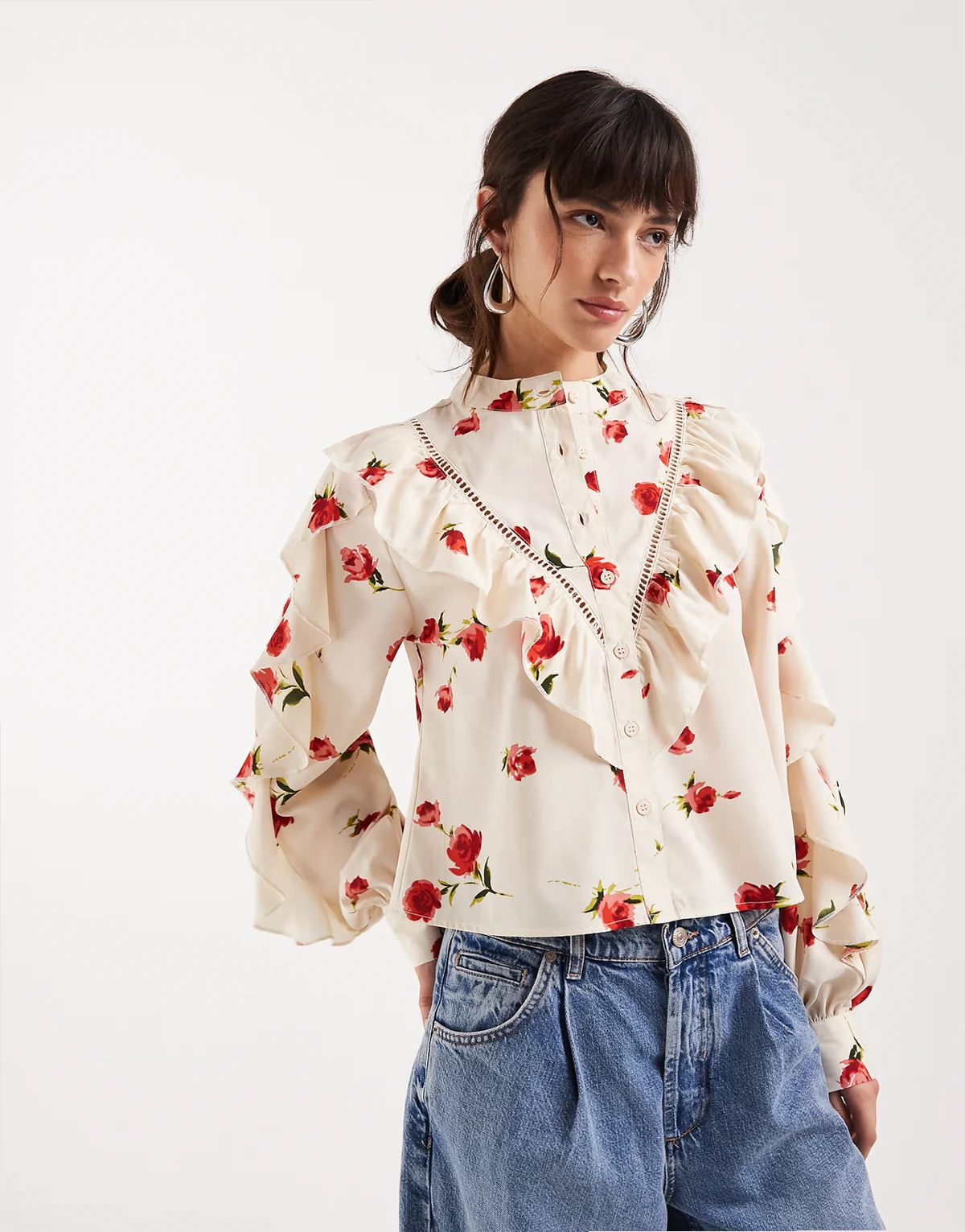 long sleeve ruffle collared top in delicate floral print