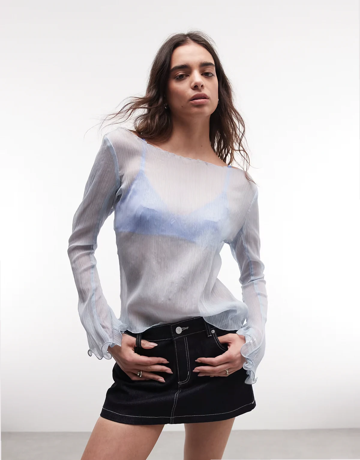 sheer floaty long sleeve top in light blue