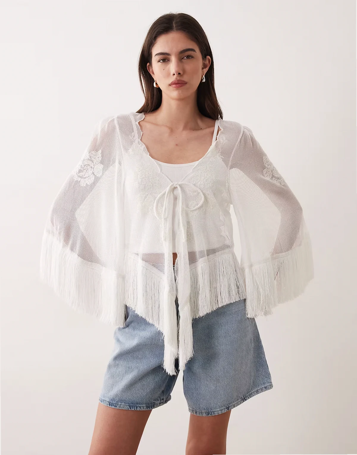 sheer embroidered tie front top with fringed hem in white