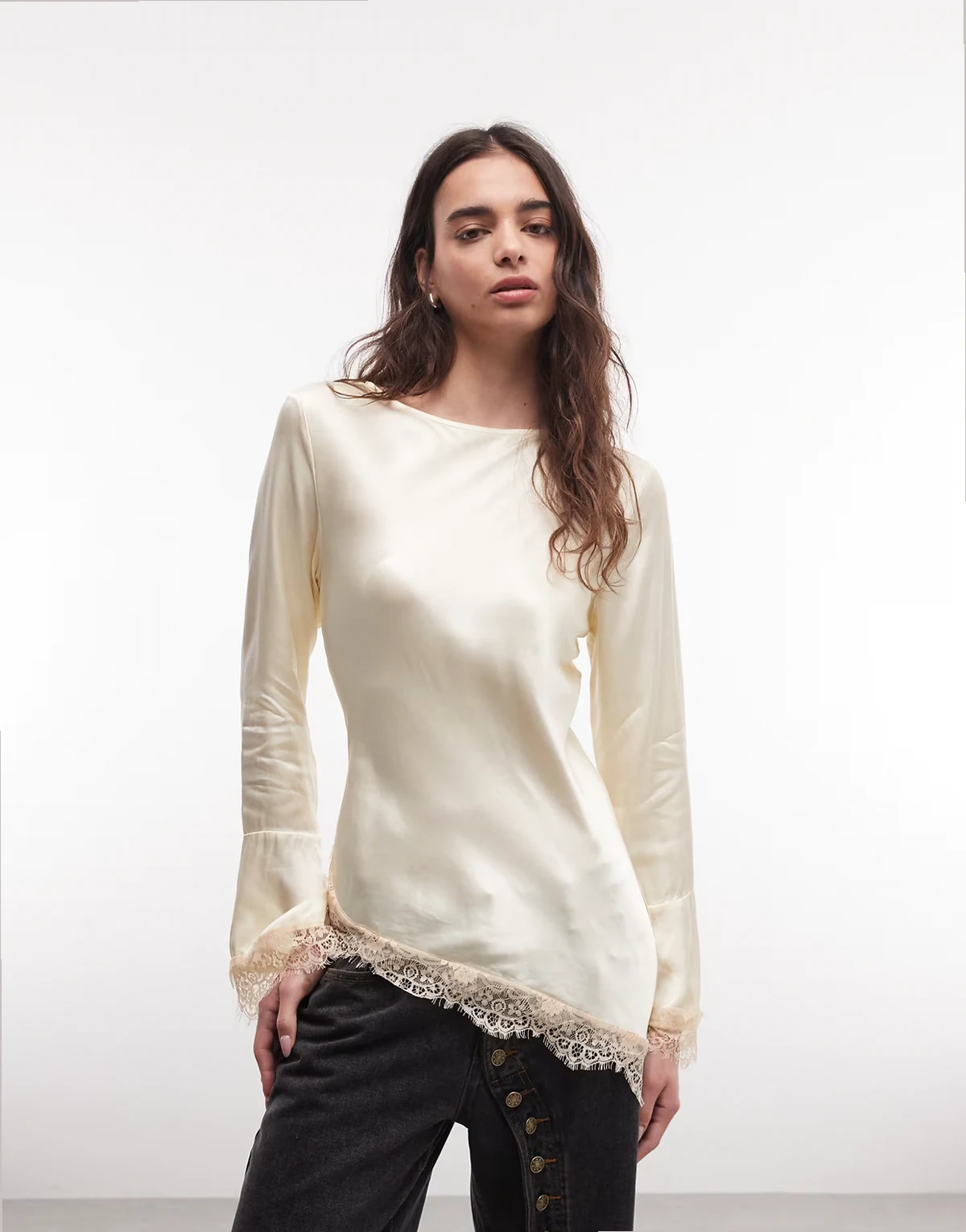 asymmetric satin blouse with flare sleeve in cream