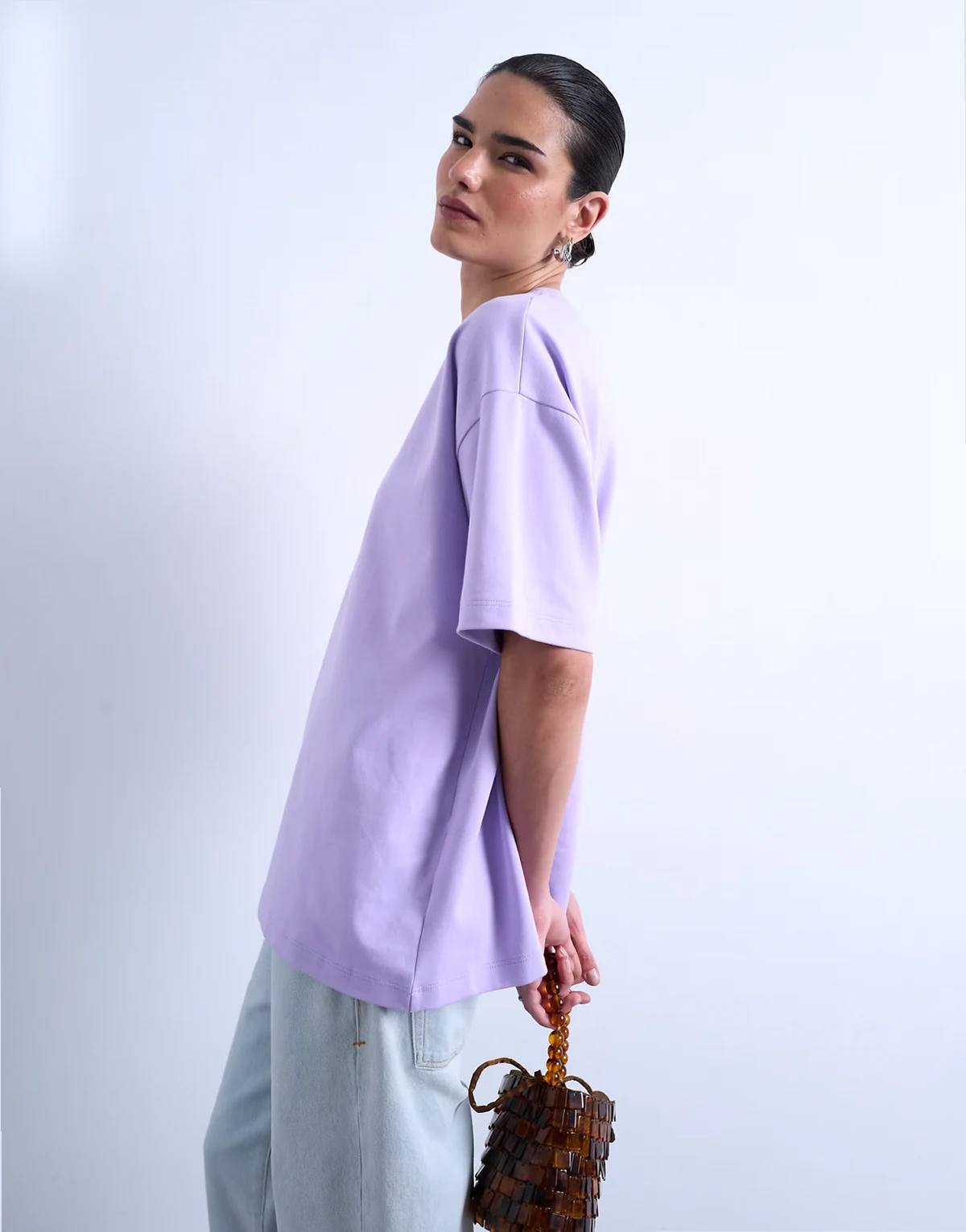 – Premium – Liliowy T-shirt oversize z materiału interlock