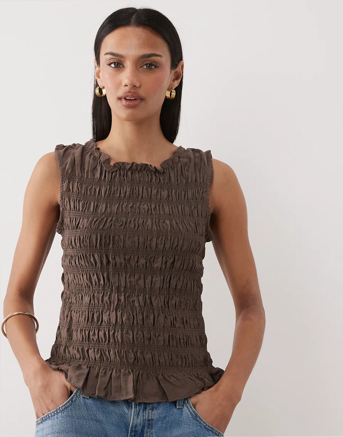shirred top in chocolate brown with ruffle hem