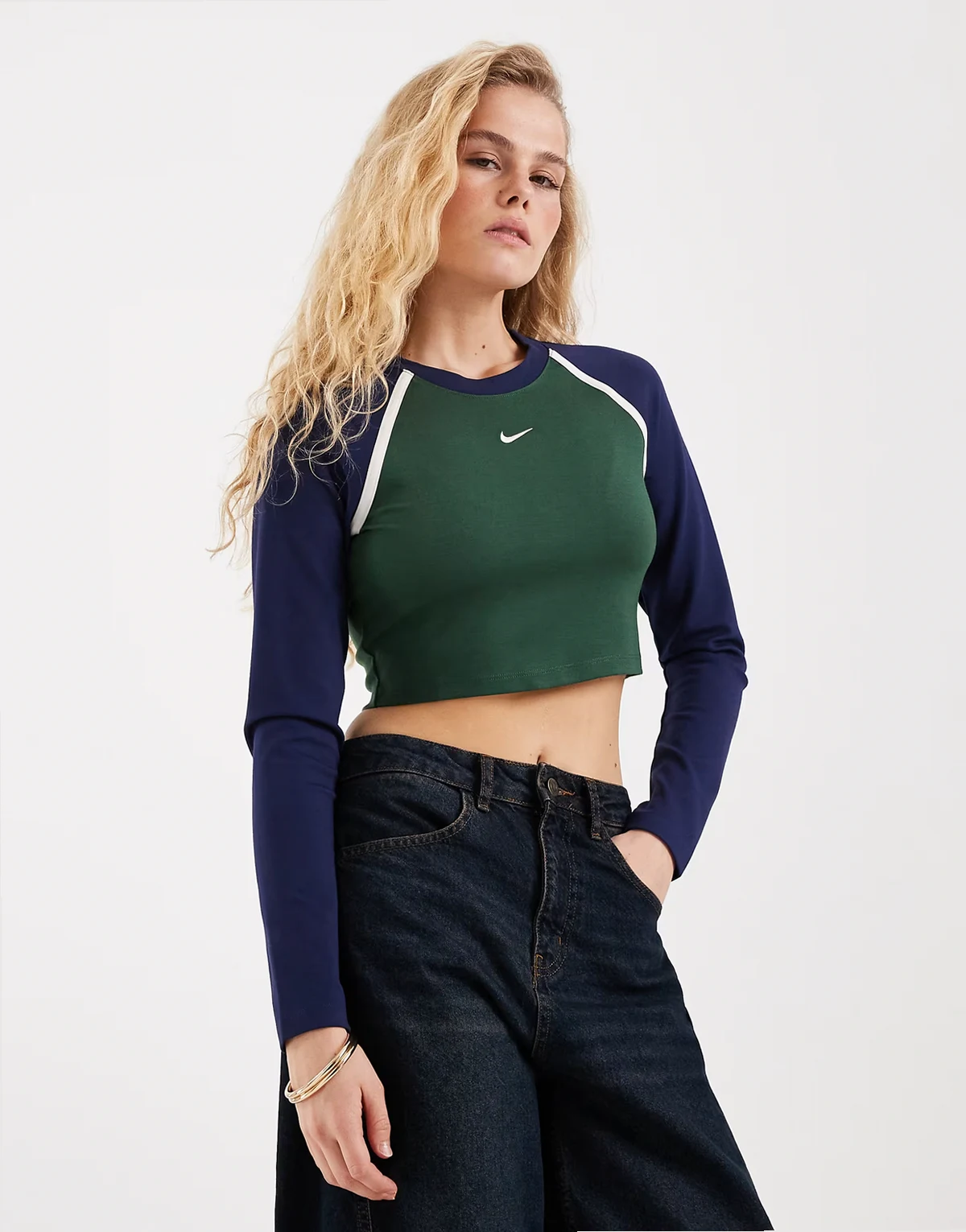 Street cropped long sleeve top in blue and green