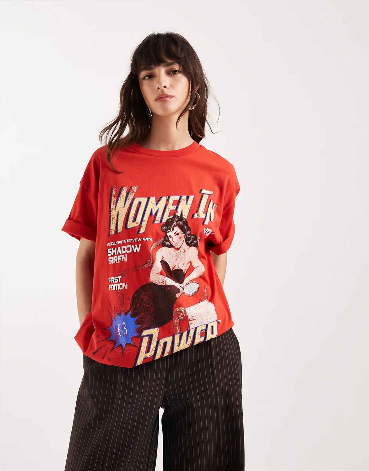 – Oversize-T-Shirt in Rot mit „Woman in Power“-Grafikprint