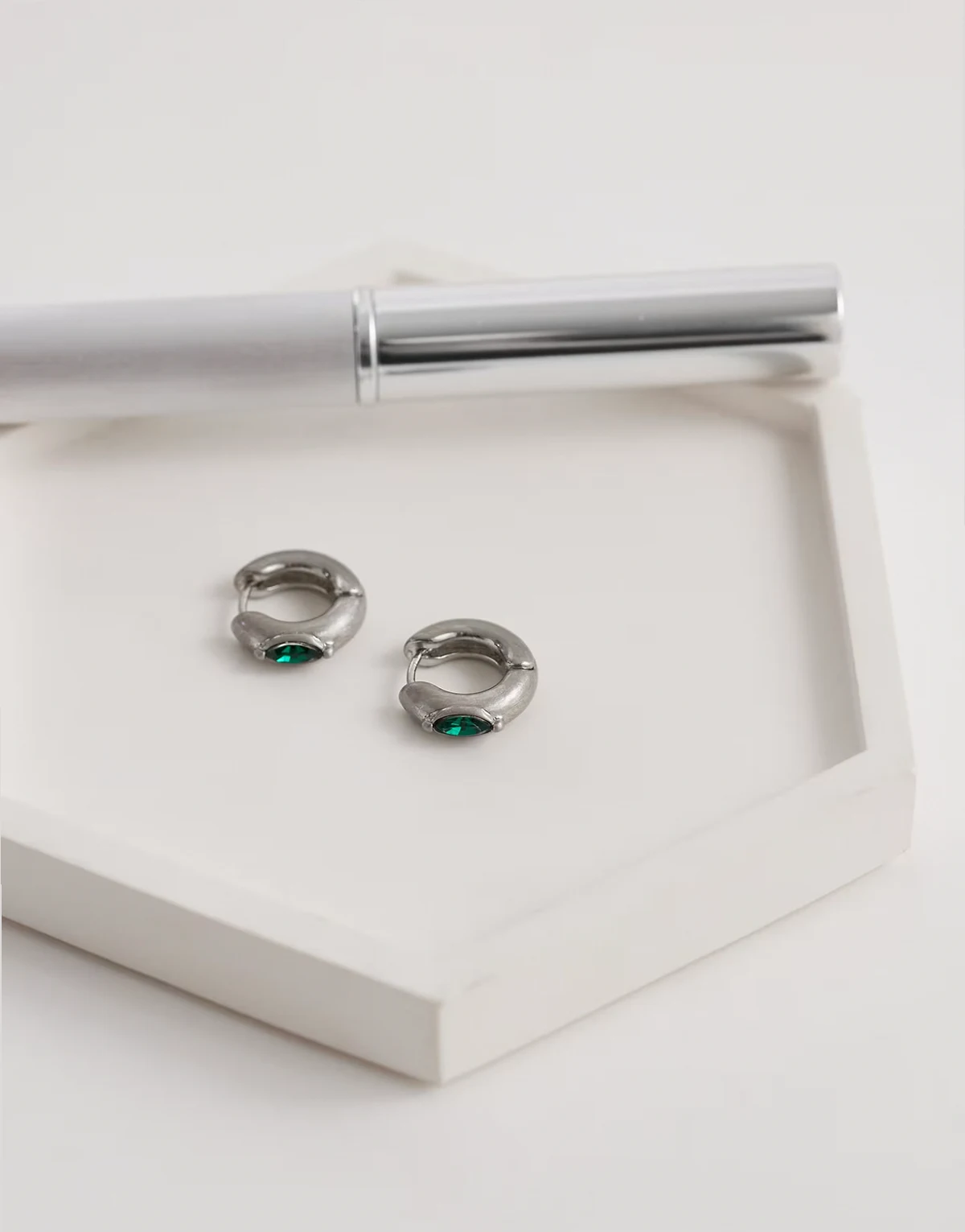 chunky marquise emerald stone huggie hoop earrings in brushed silver