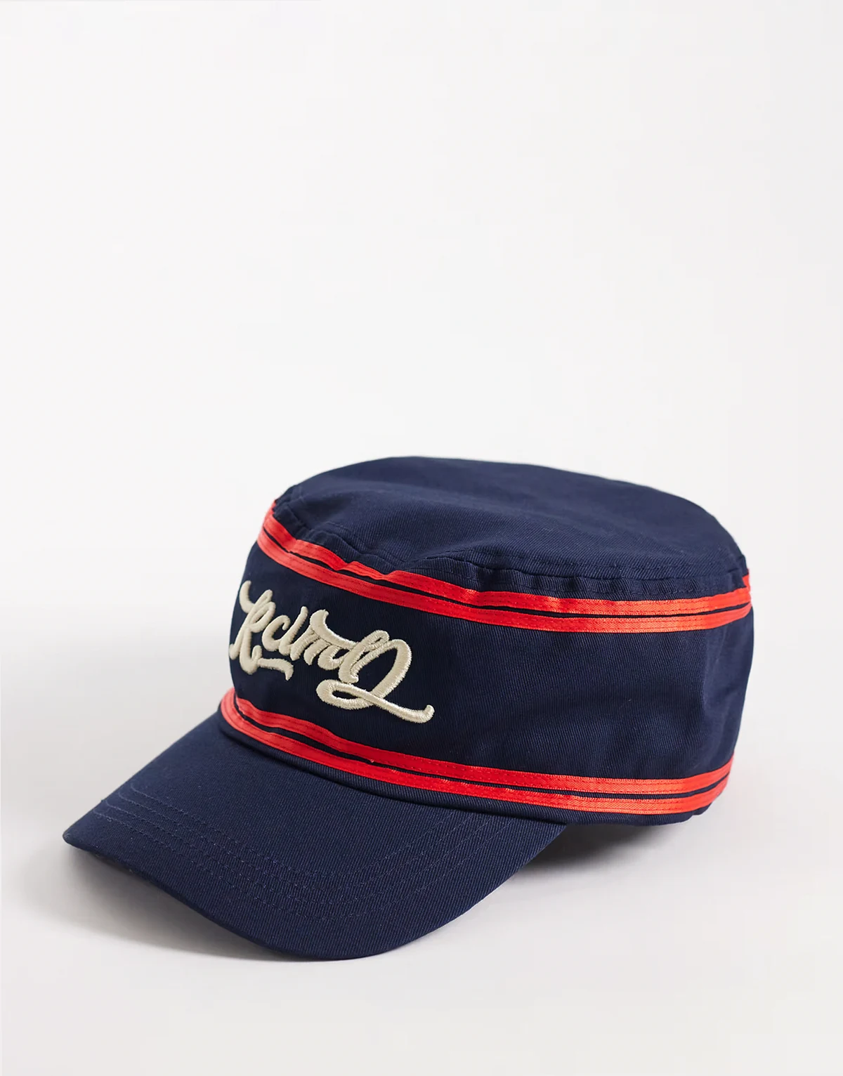 baker boy hat with piping and embroidery in blue