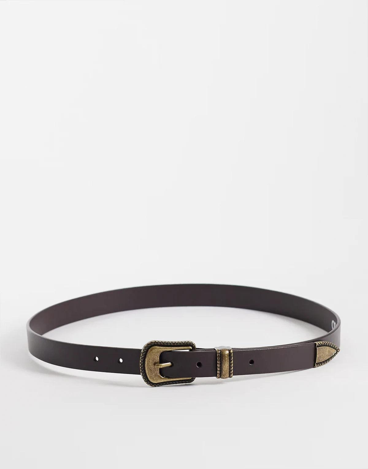 leather skinny belt with textured edge antique gold buckle in brown