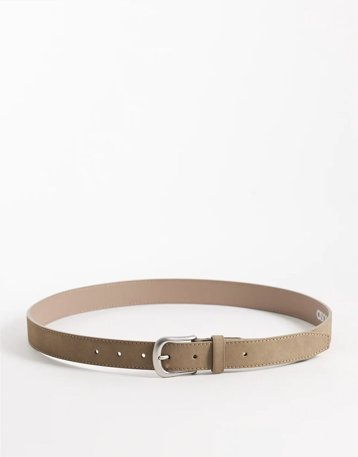 smart faux suede single stud belt with rounded edge brushed silver buckle in beige