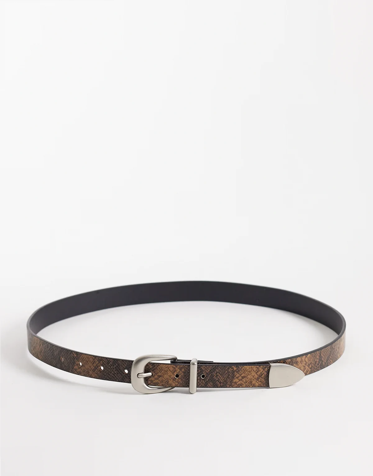faux leather snake print and texture belt with silver buckle in brown