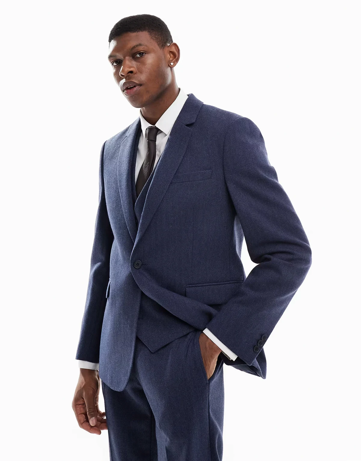 slim suit jacket with wool in blue herringbone