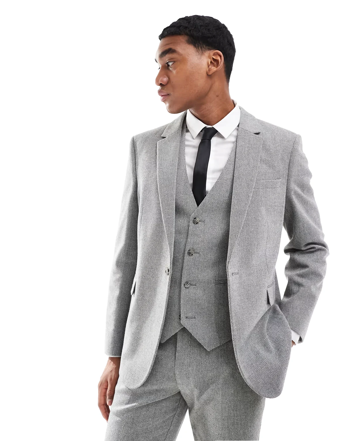 double breasted slim suit jacket with wool in gray barleyweave