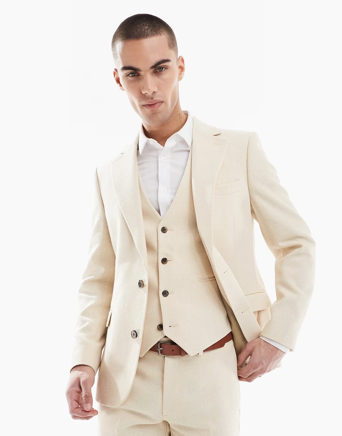 wool blend skinny suit jacket in stone weave